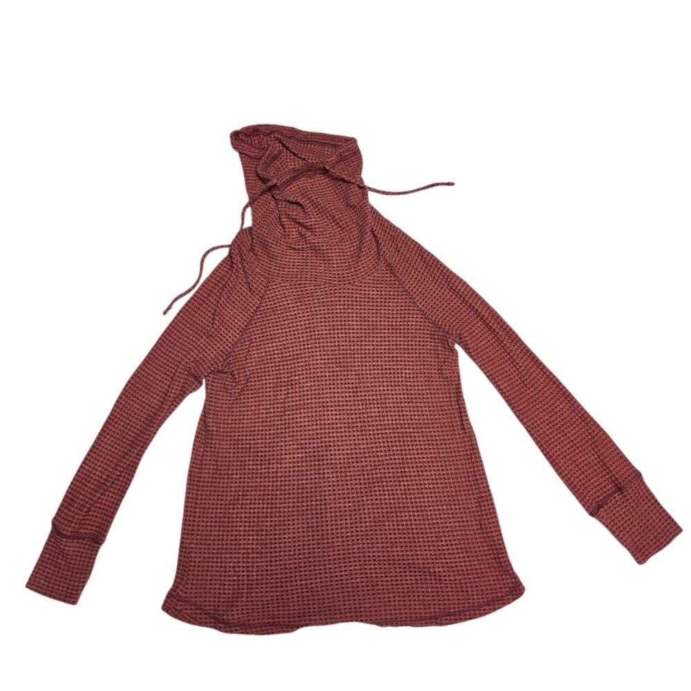 Pink Clover Terracotta Red Thermal Waffle Knit Hooded Pullover Sweater Women